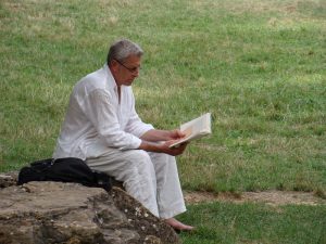 A man reading on a lawn
