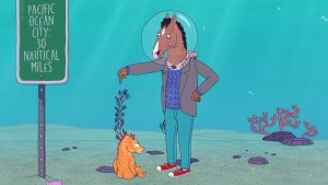 A still of BoJack Horseman talking to a sea horse.
