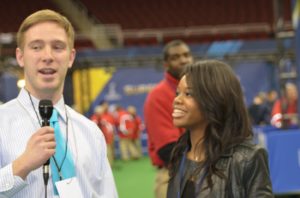 Gymnast Gabby Douglas being interviewed.