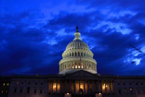 The Capitol Building at night.