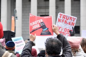 Protesters calling on Democrats to filibuster Gorsuch.