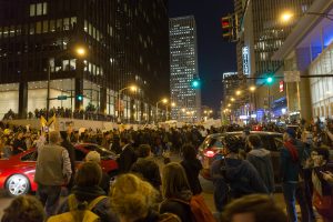 People protesting Trump in Chicago.