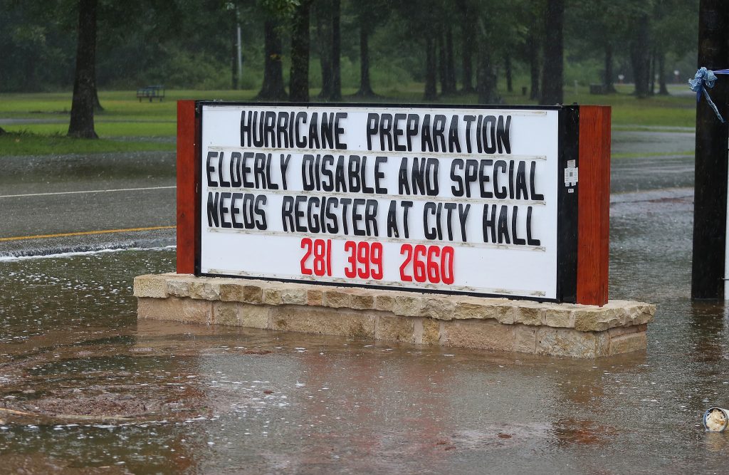 A sign advising disabled people to register with relief workers in Texas