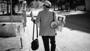 A Trump supporter with a megaphone