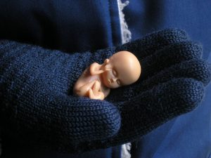 A person holding a foetus doll