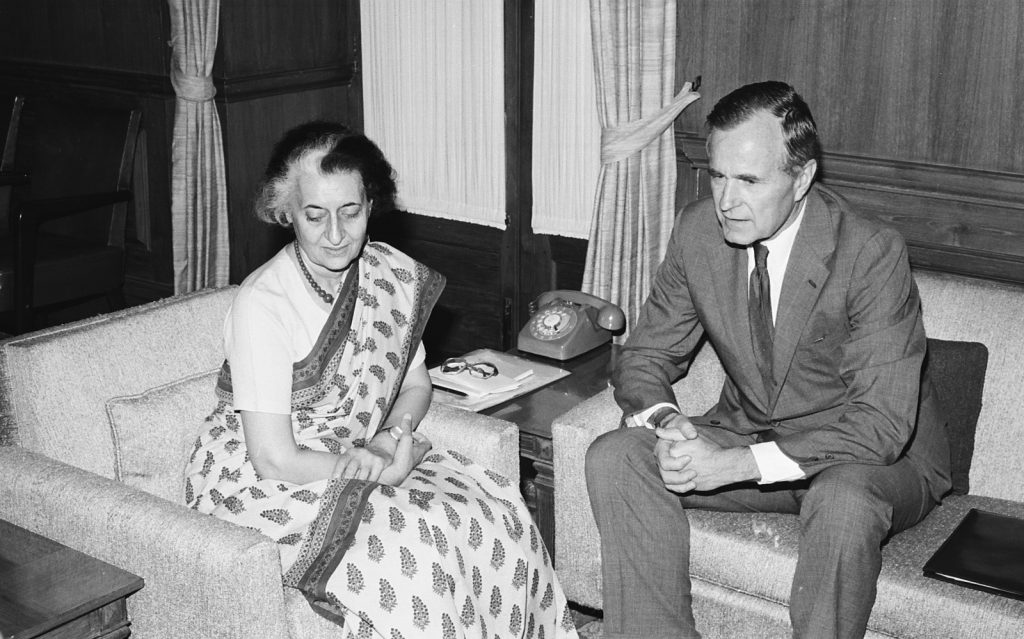 Prime Minister Indira Gandhi and Vice President George H.W. Bush in 1984.