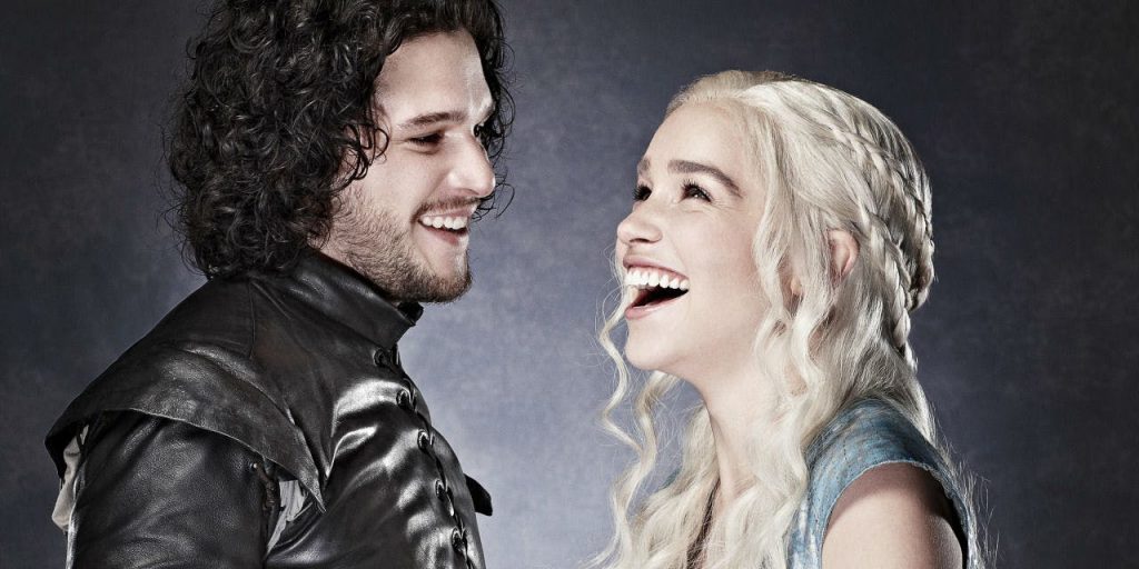 A promotional still of Kit Harrington and Emilia Clarke from Game of Thrones.