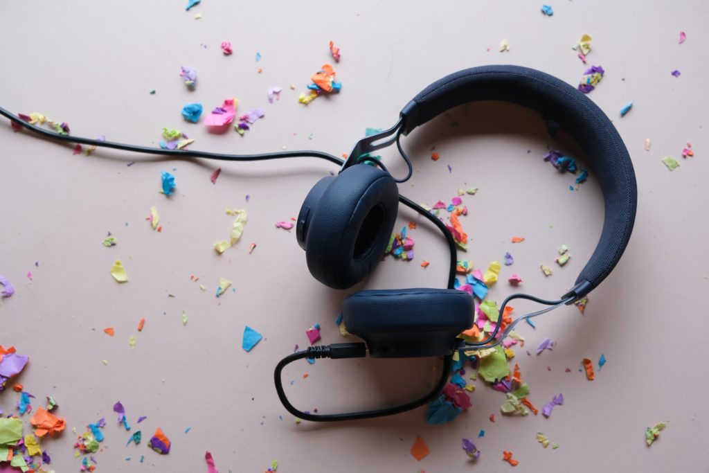 Headphones with rainbow confetti