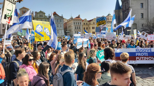 Protest by Russians living in the Czech Republic against the war in Ukraine. Prague, Old Town Square, March 26, 2022