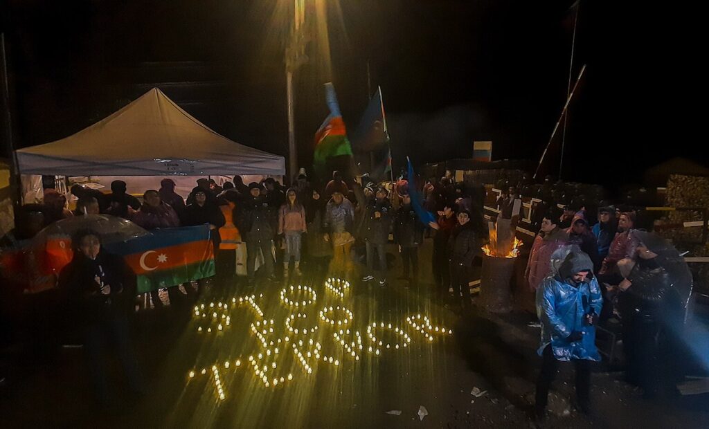Azerbaijani protesters during the 2022 blockade of the Lachin corridor