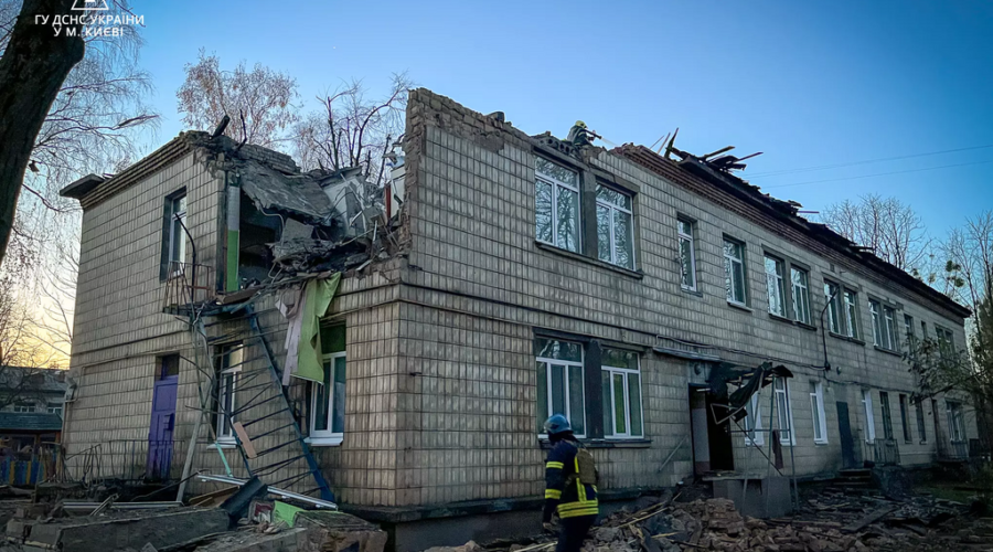 A kindergarten №295 in Kyiv (Solomianskyi District), damaged by wreckage of a downed drone during massive Russian attack on the city in the night on 25 November 2023